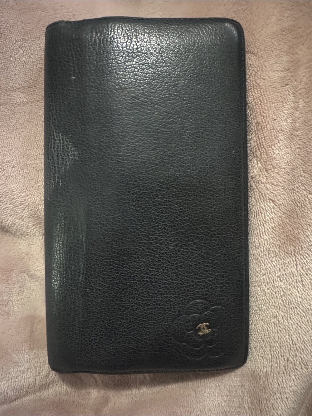 CHANEL Black Leather Long Wallet with Camellia Emblem